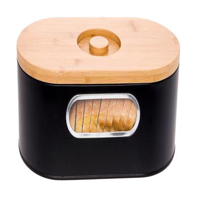 China Steamable Rectangular Good Design Kitchen Storage Bread Bin Bamboo Top Bread Bin Steel Box With Crumb Catche for sale