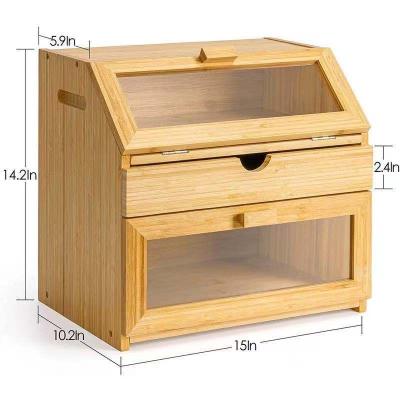 China Steamable Double Layer Bread Box Large For Kitchen Countertop Large Capacity Wooden Bread Storage Bin With Drawer for sale