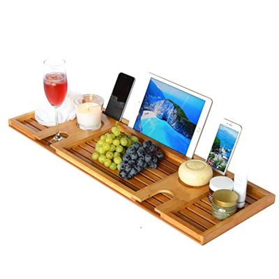 China Wholesale-Sustainable Luxury Bamboo Tray Multi-Function Soap Holder Bath Tray Caddy Bamboo Tub Holder with Widening Sides for sale