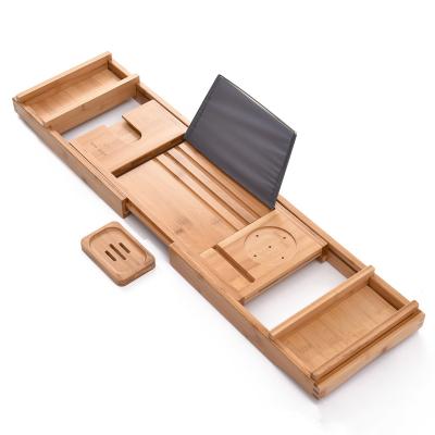 China Viable Multifunctional Bamboo Tub Cart Wood Bath Tub Tray With Extending Sides Built in Book Tablet Holder Mobile Phone Tray for sale