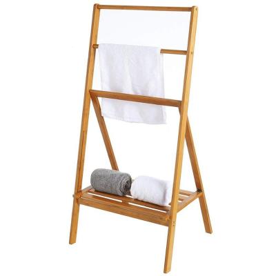 China Wholesale Fashion Bathroom Corner Standing Free Standing 3 Bars Premium Bamboo Folding Towel Rack For Bath And Hand Towels for sale