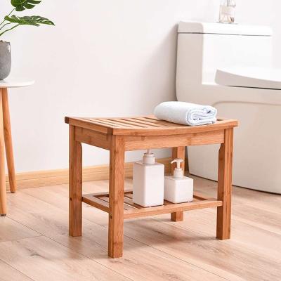 China Modern Eco-Friendly Bamboo Bench Modern Spa Seat With 2 Tire Storage Racks Shelf Bathroom Shower Bamboo Bench for sale