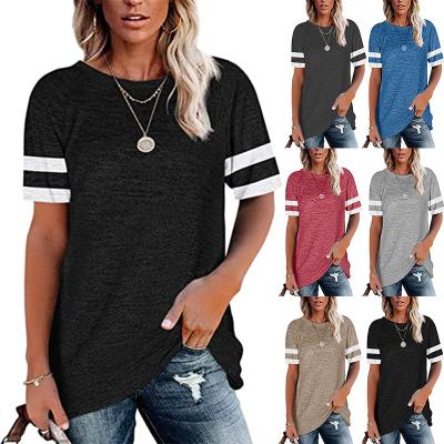 China Plus Size In Stock 2021 Trendy Women Custom T Shirts Short Sleeve Striped Color Block Casual Tops for sale