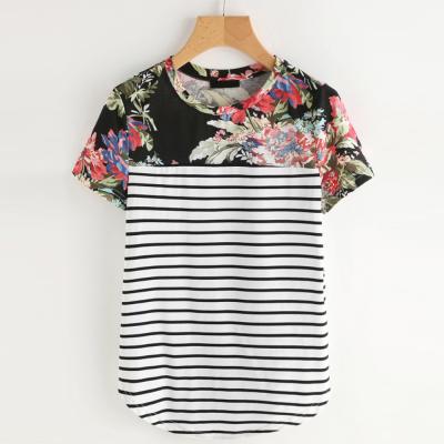 China High Quality Anti-wrinkle Women's Shorts Sheaths Loose Block Stripes Floral T-Shirts for sale