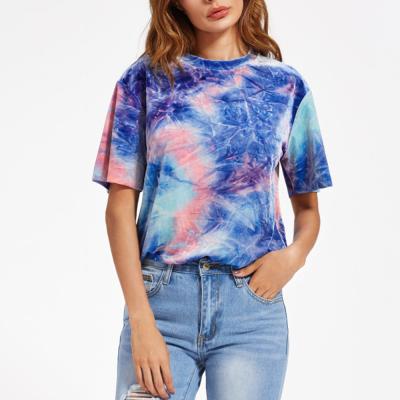 China Anti-Wrinkle Summer Girls Short Sleeves Tee Customize Velvet Tie Dye Graphic T-shirts Women for sale