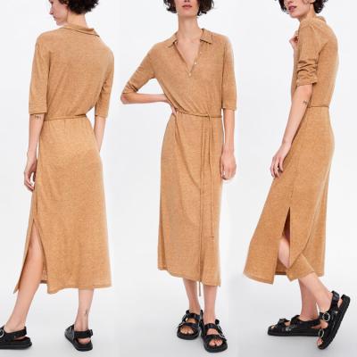 China Women Clothing Anti-Static V-Neck Half Sheath Side Split Belt Women Dresses Maxi for sale