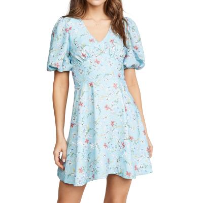 China V-Neckline Short Mini Floral Bowknot Anti-Static Backless Women's Puff Sleeves Dress for sale