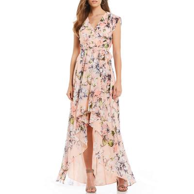 China Anti-Static Custom Women Dresses V Neck Chiffon Digital Floral Print Ruffle Boho Maxi Wrap Dress for sale