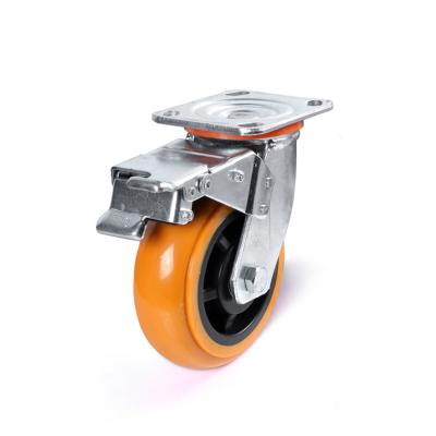 China Soft No Loud Heavy Duty Casters Viet Nam Oem 6 Inch Plated High Quality AGV Caster Wheel With Brakes PU PVC Industrial Shock Absorbing Caster for sale