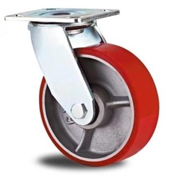 China Soft No Loud Cast Iron Core PU Swivel Caster Wheel With Red Color Heavy Duty Caster Wheels Universal 4 5 6 8 Inch Caster for sale