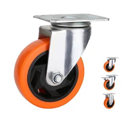 China 5 Inch Abrasion Resistant Swivel Plate Orange PU Caster Wheel With Brake 100 Mm - Buy 5 Inch Swivel Steel Plate PU Caster Wheel With Brake for sale