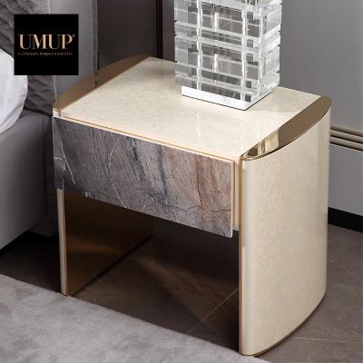 China (Others) Factory hot sales adjustable light up luxury modern bedroom furniture solid wood piano painting stainless steel nightstand for sale