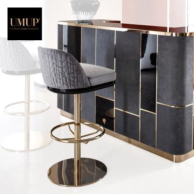 China EUROPEAN Custom Bar Counter Home or Hotel Cafe Furniture Stainless Steel Base High Occasional Bar Chairs Modern Fabric Bar Stools for sale