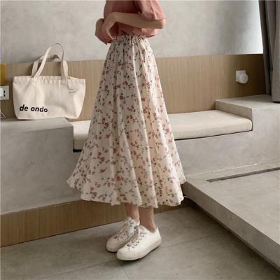 China Women Summer Vintage Anti-static Floral Print Long Skirts Korean Streetwear Drawstring Skirt Women's Pleated Elastic One Line Waist Midi Skirt for sale