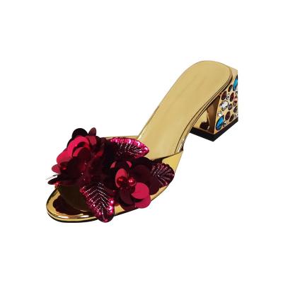 China Lightweight sexy luxury logo mirrored flower square zircon 10cm 6cm diamond heel slipper sandals shoes for sale