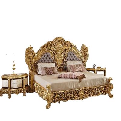 China Environmental Friendly Factory Directly Supply Luxury Gold Frame Designs Heavy Hand-carved Solid Wood Bedroom Furniture for sale