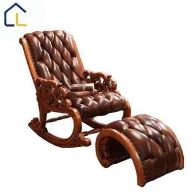 China Solid Wood Factory Outlets Carving European Style Wood Frame Rocking Chair With Leather Cover And Small Stools For Bedroom for sale