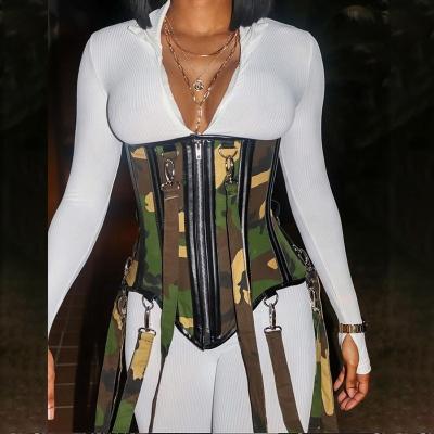 China 2020 Winter QUICK DRY Lucky Label Sexy White Jumpsuits with Army Corset Women Plaid Long Sleeve 2 Piece Corset Jumpsuit Set Straps for sale