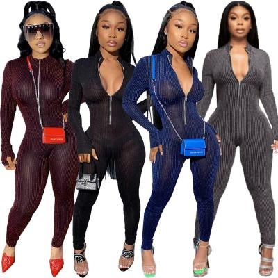 China Workable Long Sleeve Translucent Thin Jumpsuit Bodycon Bodycon Party Zipper Jumpsuit Women Elastic Romper Glitter Suit Mujer for sale