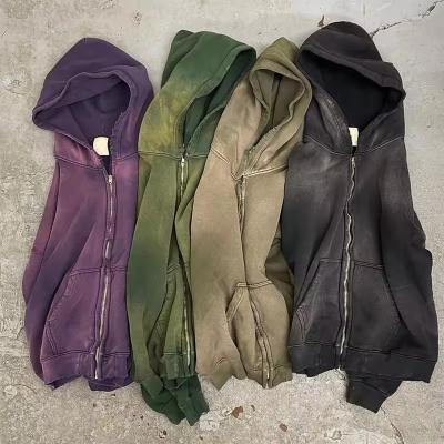 China Other OEM Sun Faded Hoodie French Terry Custom Distressed Destroyed Heavy 100% Cotton Zip Up Acid Wash Vintage Sun Faded Hoodie for sale