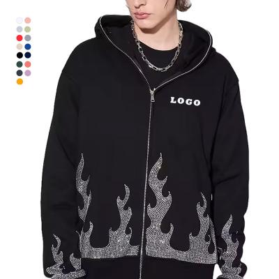 China Other Autumn and winter Streetwear luxury heavy weight zip up hoodie dropped shoulder 500 gsm hoody100% cotton rhinestone hoodie for sale