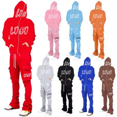 China Breathable Custom Embroidered Puff Print Stacked Sweat Pants Skull Skeleton Pattern Sweatsuit Full Face Zip Up Hoodie Sweatpants Men'S Sets for sale