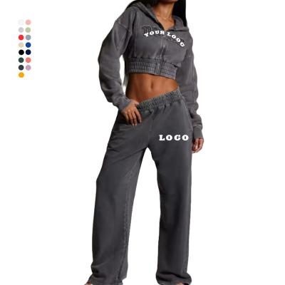 China Other Custom streetwear sweatsuit acid wash zip applique distressed embroidery patch cropped hoodie and sweatpants set women tracksuit for sale