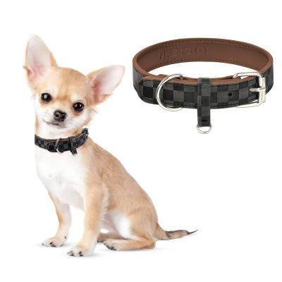 China Yikeyo Viable Quality Gray Plaid Plain Designer Plain Pu Leather Husky Manufacturer Logo Dog Collar Pet With Logo In Bulk for sale