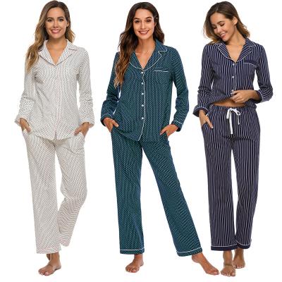 China Breathable Amazon US/EU Size 2 Piece Set Dots And Stripes Printing Cotton Pajamas Women Sleepwear for sale