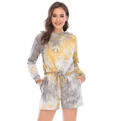 China Wholesale Sleepwear Shorts Breathable Tie Dye Hooded Long Sleeves Loungewear Women Sets Casual Home Wear for sale