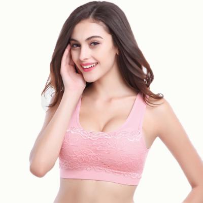 China Antibacterial Seamless Lace Bra Female Yoga Pump Bra Padded Wireless Camisole With Build In Bra for sale