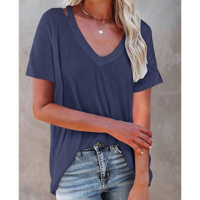 China Wholesale Popular Anti-wrinkle Ladies Tops Loose Short Sleeve V-Neck Women Casual T-Shirt for sale