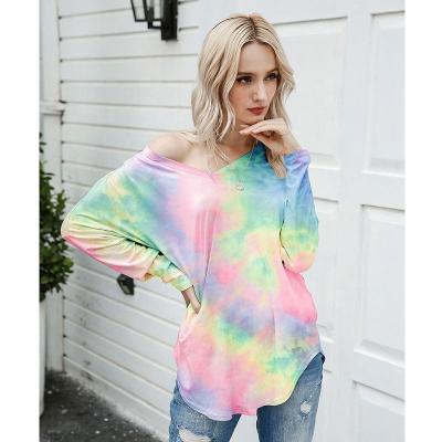 China Wholesale Anti-Wrinkle Tie-Dye Long Sleeves V-Neck Women T-Shirts Tops T-shirt For Women for sale