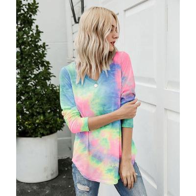 China Wholesale Anti-Wrinkle Tie-Dye Loose Casual Women T-Shirt Long Sleeve V-Neck Ladies Tops for sale