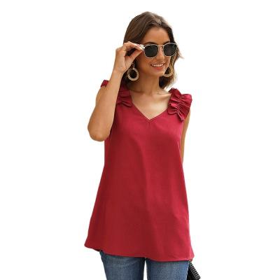 China Anti-Wrinkle 2022 Summer Fashion Ruffle Women Blouse Women's Front And Back V-Neckline Women's T-shirts Ladies Tops Tops for sale