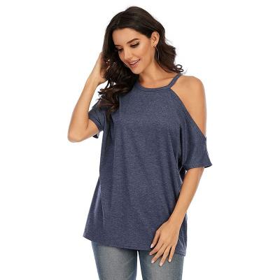 China Anti-wrinkle women one shoulder collar sexy oblique short sleeve casual loose crewneck protecting off shoulder top women for sale