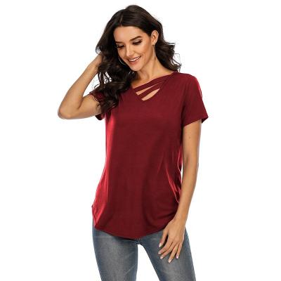 China New Anti-Wrinkle Women Loose T-Shirts Short Sleeve Sexy Casual V-Neck Pullovers Tops for sale