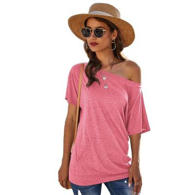 China New Anti-Wrinkle Off-The-Shoulder Pocket Solid Color Slip Top Pocket Slanted Shoulder T-shirt Women's Off-the-Shoulder Short Sleeve T-Shirts for sale