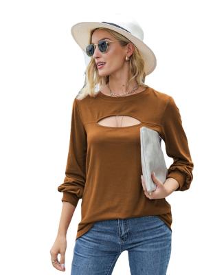 China New Popular Anti-wrinkle Solid Color Long Sleeve Cavity Tops Sexy Lantern Sleeves Summer Wholesale Women's Solid Color T-shirts for sale