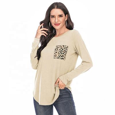 China New Leopard Anti-Wrinkle Print Pocket Long Sleeve T-shirt Plain Basic Solid Crewneck Top Solid Crewneck Tops Pocket T-shirts for sale