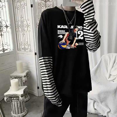 China Anti-wrinkle Japan Anime Haikyuu Tadashi Yamaguchi Long Sleeve T-shirts Men Women Harajuku Volleyball Club Printing Summer Casual Striped T-shirt for sale