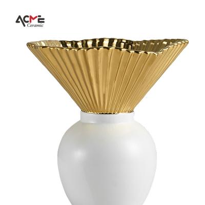 China Art Deco Modern Elegant Flower Shape Vase Porcelain Round Matte Vertical Stripe Nordic Ceramic Vase For Home Decor for sale