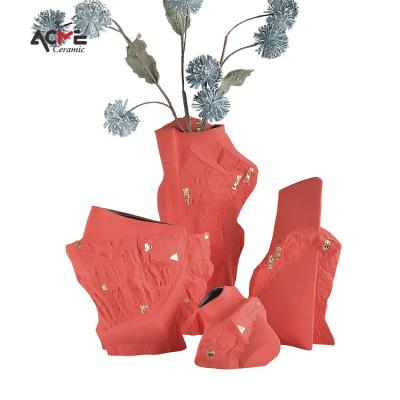 China Unique Red Sow Matte Ceramic Art Design Vase Irregular Shape Modern Nordic Modern Decor Tabletop Ornaments for sale