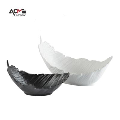 China Nordic Decor Matte Porcelain Tableware For Home Modern Handcrafted Shape Black White Ceramic Decorative Palm Leaf Dish for sale