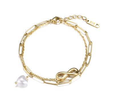 China 18K Heart Bead Charm Infinity Pendant Design Environmental Friendly Stainless Steel Multilayer Gold Plated Bracelet for sale