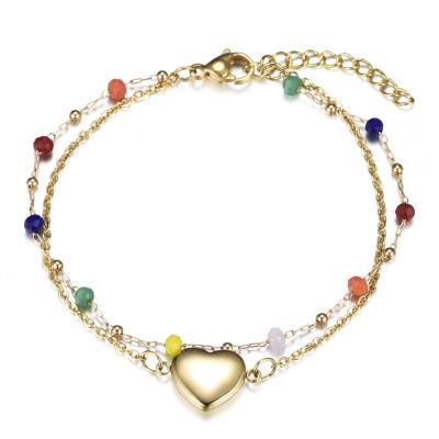 China Multicolor New Arrival Environmental Friendly Design Beads Stainless Steel Heart Chain Empty Charm Multilayer Bracelet for sale