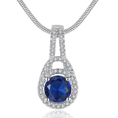 China Fashion Rhinestone Large Sapphire Necklace Round Cut Blue Zircon CZ Micro Pave Pendant With Snake Chain for sale