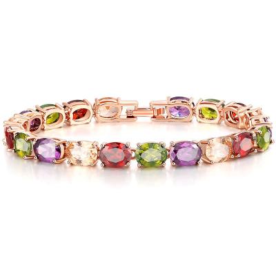 China Fashion Rose Gold Plated Bangle Roman Gemstone Bracelet Oval Cut Multicolor Zircon Tennis Bracelet for sale