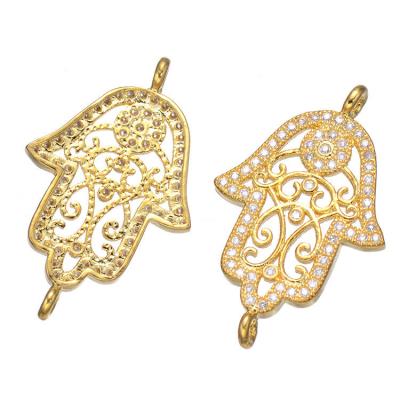 China Fashion Oriental Religious Jewelry Making Charm Copper Gold Plated Crystal Cubic Zircon Micro Paved Bracelet Connector Hamsa Hand Charms for sale