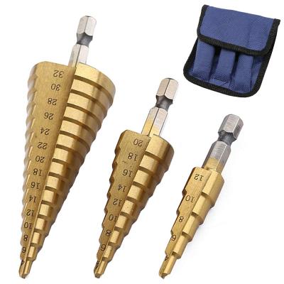 China High Quality Wood Drilling 3Pcs 4-12/20/32mm Hss Step Drill Bit Set Straight Shank Titanium Broca Escalonada for sale